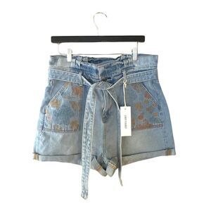 DRIFTWOOD Free People embroidered paper bag waist denim tie shorts NWT sz 32